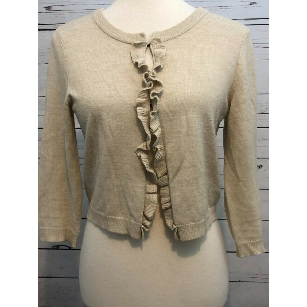 New York and company Small crop 3/4 sleeve sweater Ruffle Front Beige Shrug‎